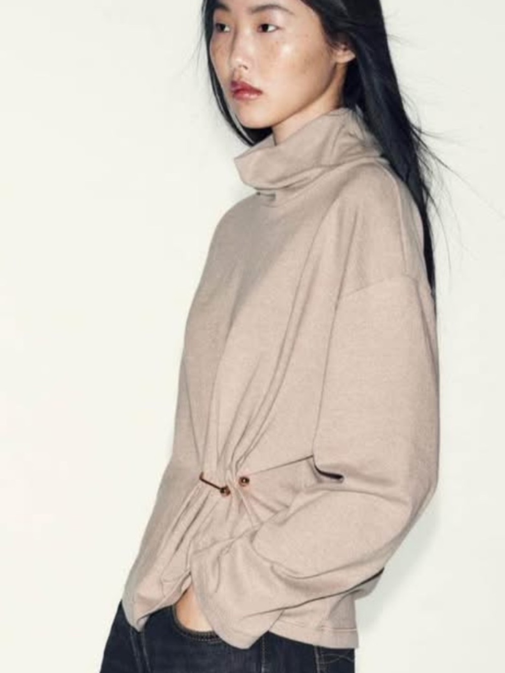 Zara Beige Cowl-Neck Drawstring Sweater